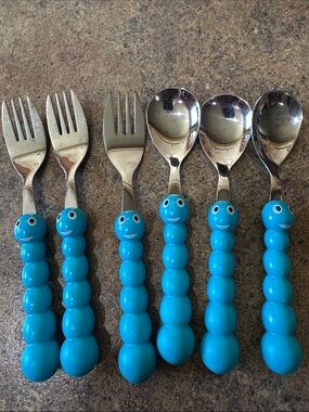 Blue Annova Silver Stainless Smiley Caterpillar Kids Flatware Set - 6 Pieces